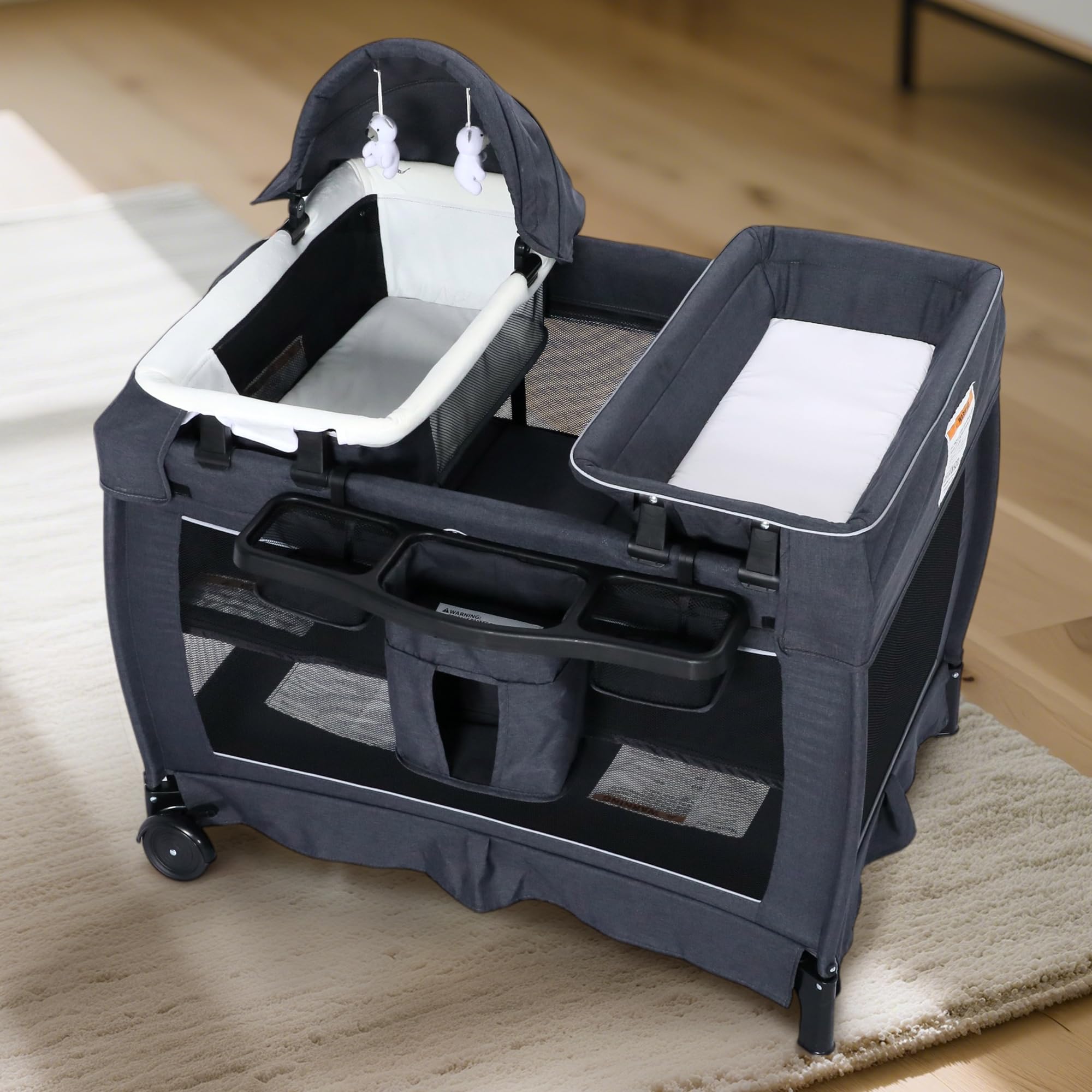 Kinder King 4 in 1 Foldable Pack and Play with Bassinet & Changing Table, Portable Playard for Babies and Toddlers, Adjustable Canopy, Storage Bag, Dark Gray