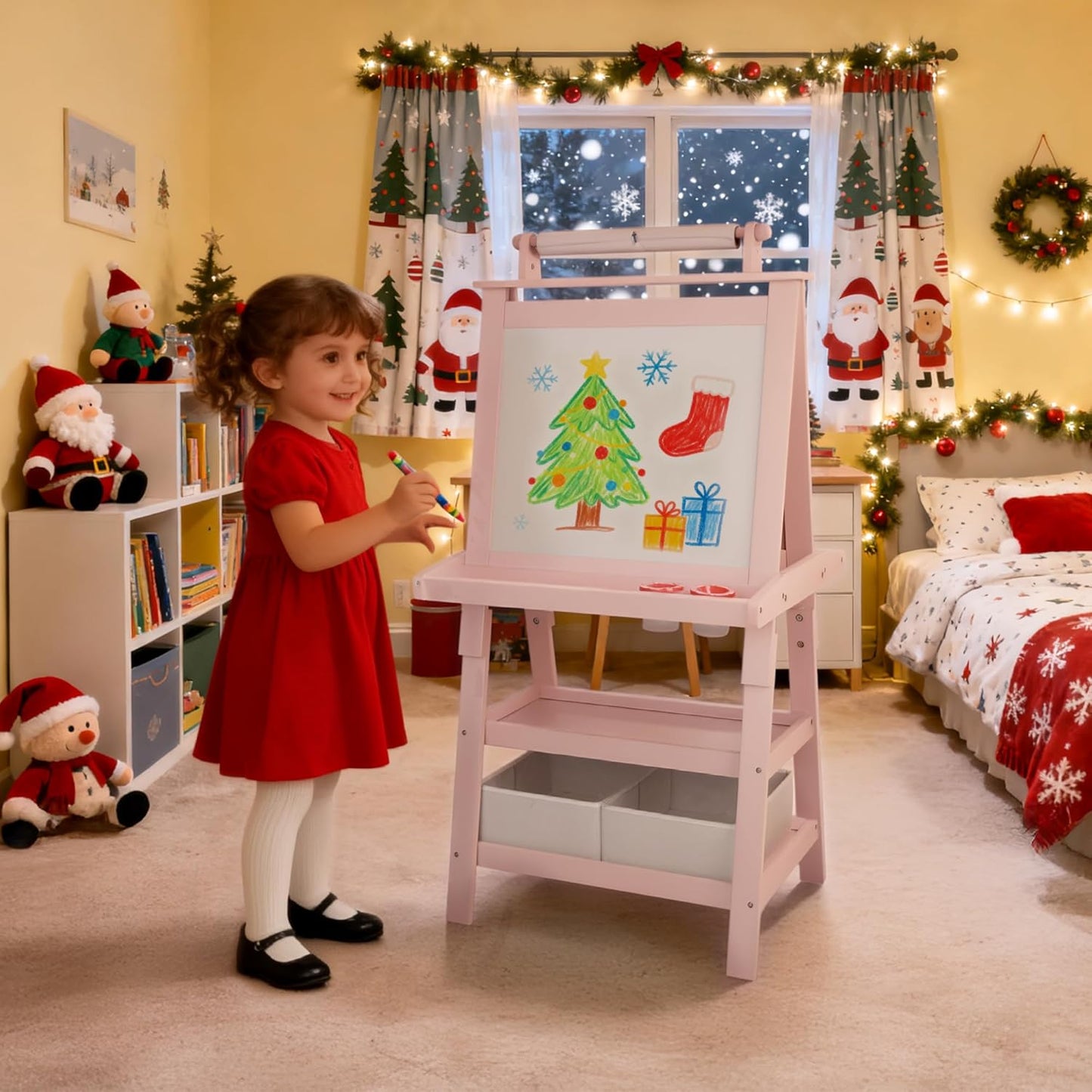 Kinder King 3 in 1 Kids Art Easel w/Storage, Double-Sided Magnetic Whiteboard & Chalkboard, Dry-Erase Board w/Paper Roller, Toddler Children Standing Easel for Painting & Drawing, Accessories, Pink