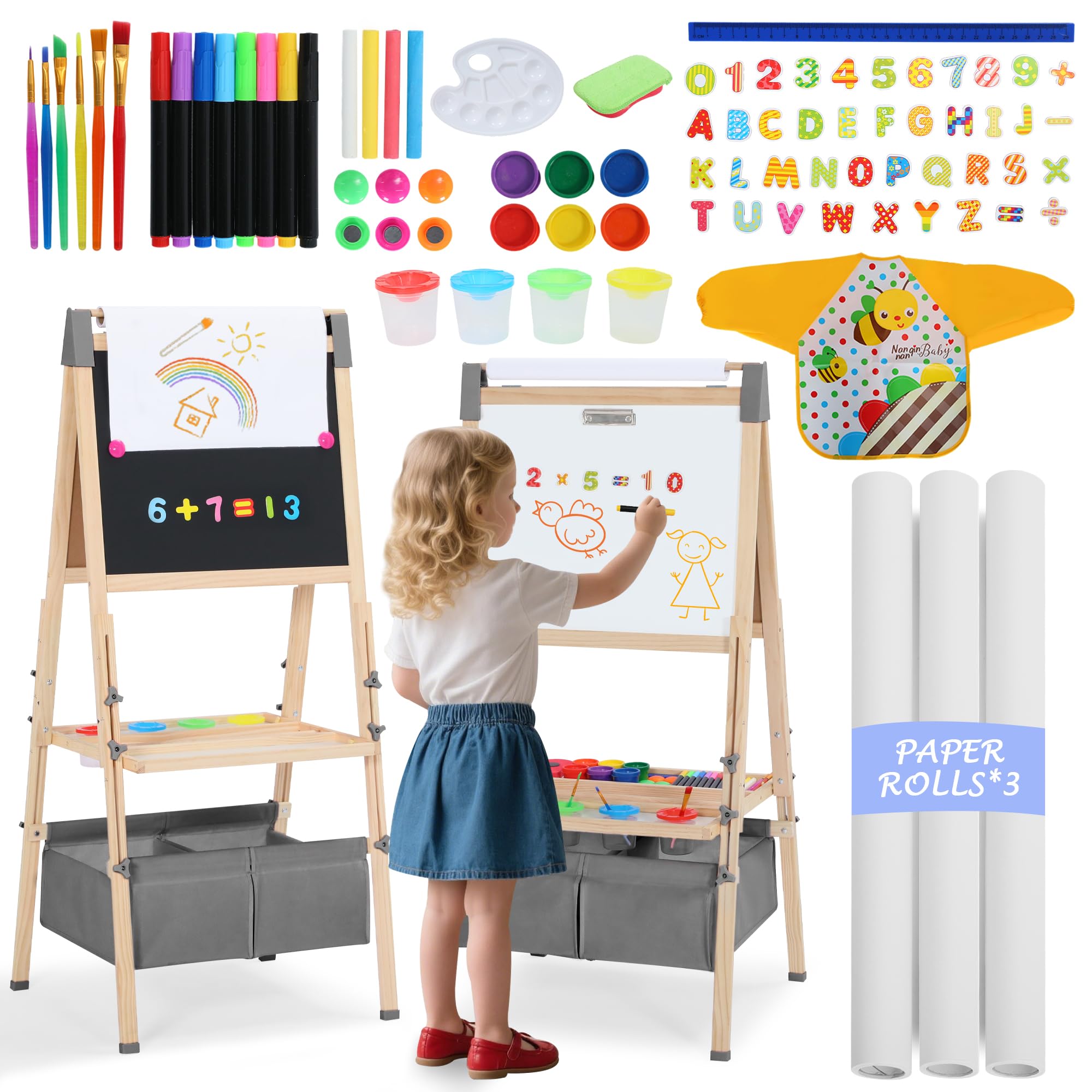 Kinder King 3 in 1 Wooden Kids Easel, Adjustable Double-Sided Art Easel for Kids, Magnetic Whiteboard & Chalkboard, Paper Roller, Art Supplies, Painting Drawing Easel Toddler,Gray
