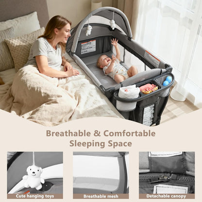 Kinder King 4 in 1 Portable Pack and Play, Baby Playard w/Bassinet, Large Playpen for Infant and Toddler, Newborn Changing Table, Adjustable Canopy, Storage Basket, Travel Bag, Grey