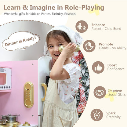 Kinder King Wooden Kids Play Kitchen, Toy Kitchen Playset for Toddler, Pretend Oven, Microwave, Telephone, Chalkboard, Interactive Doors, Knobs, Realistic Kitchen Sets for Boys Girls Age 3+, Gold