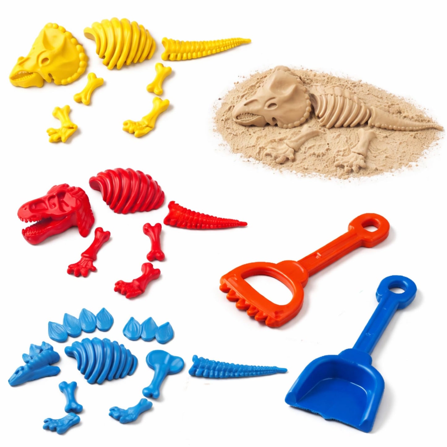 Kinder King 3 Pack Large Dinosaur Fossil Sand Molds Beach Toy Set with Rake and Shovel for Kids Summer Outdoors (25 Pcs Playset)