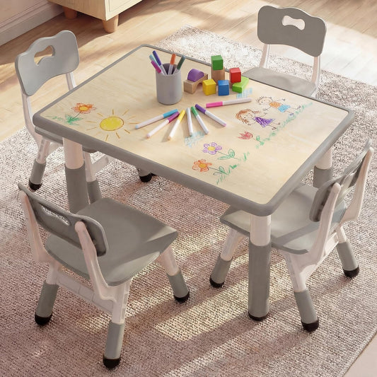 Kinder King Kids Table & 4 Chairs Set, Height Adjustable Children Activity Table w/Graffiti Tabletop, Toddler Furniture Set for Classroom, Daycare, Home, Age 3+, Grey