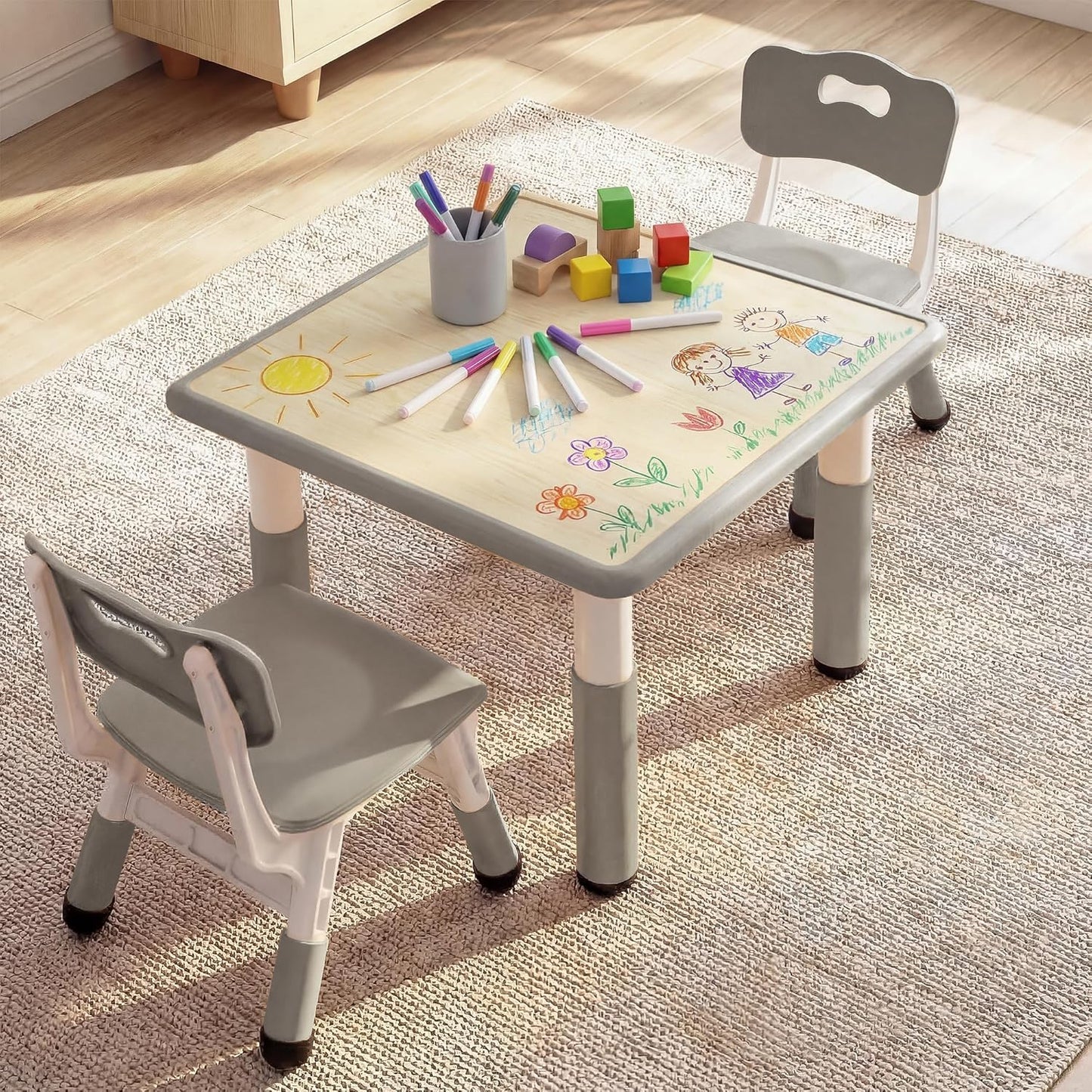 Kinder King Kids Table & 2 Chairs Set, Height Adjustable Children Activity Table, Graffiti Tabletop, Toddler Furniture Set for Classroom, Daycare, Home, Age 3+, Grey