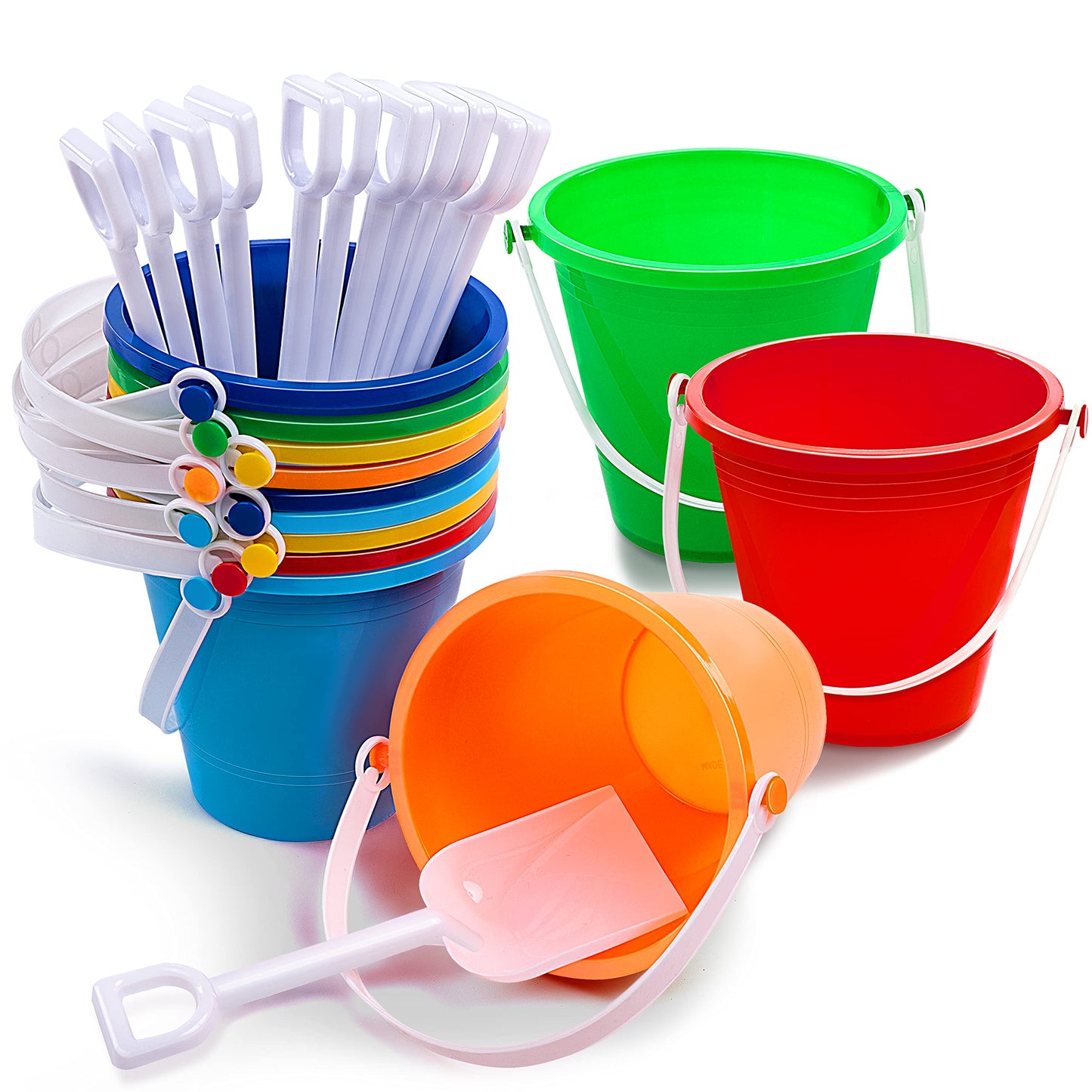 Kinder King 12 Sets Sand Buckets with Shovels for Kids Beach Pails Toys Party Favors Pail Set Plastic Bucket with Handles