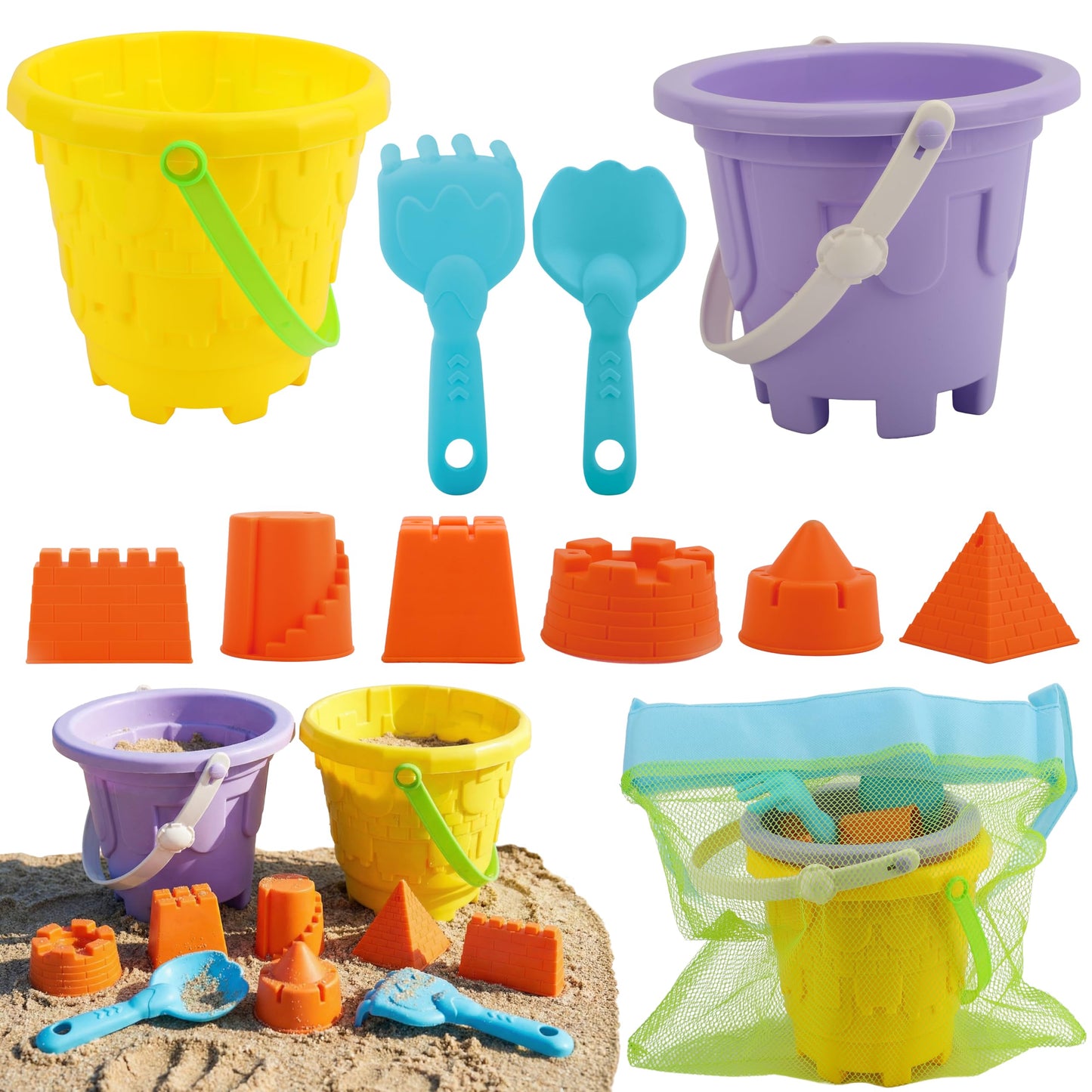 Kinder King Kids Beach Sand Castle Bucket Set, 2 Buckets with Mesh Bag, 6 Molds, 2 Shovels, Colorful Plastic Beach Toys for Summer Play