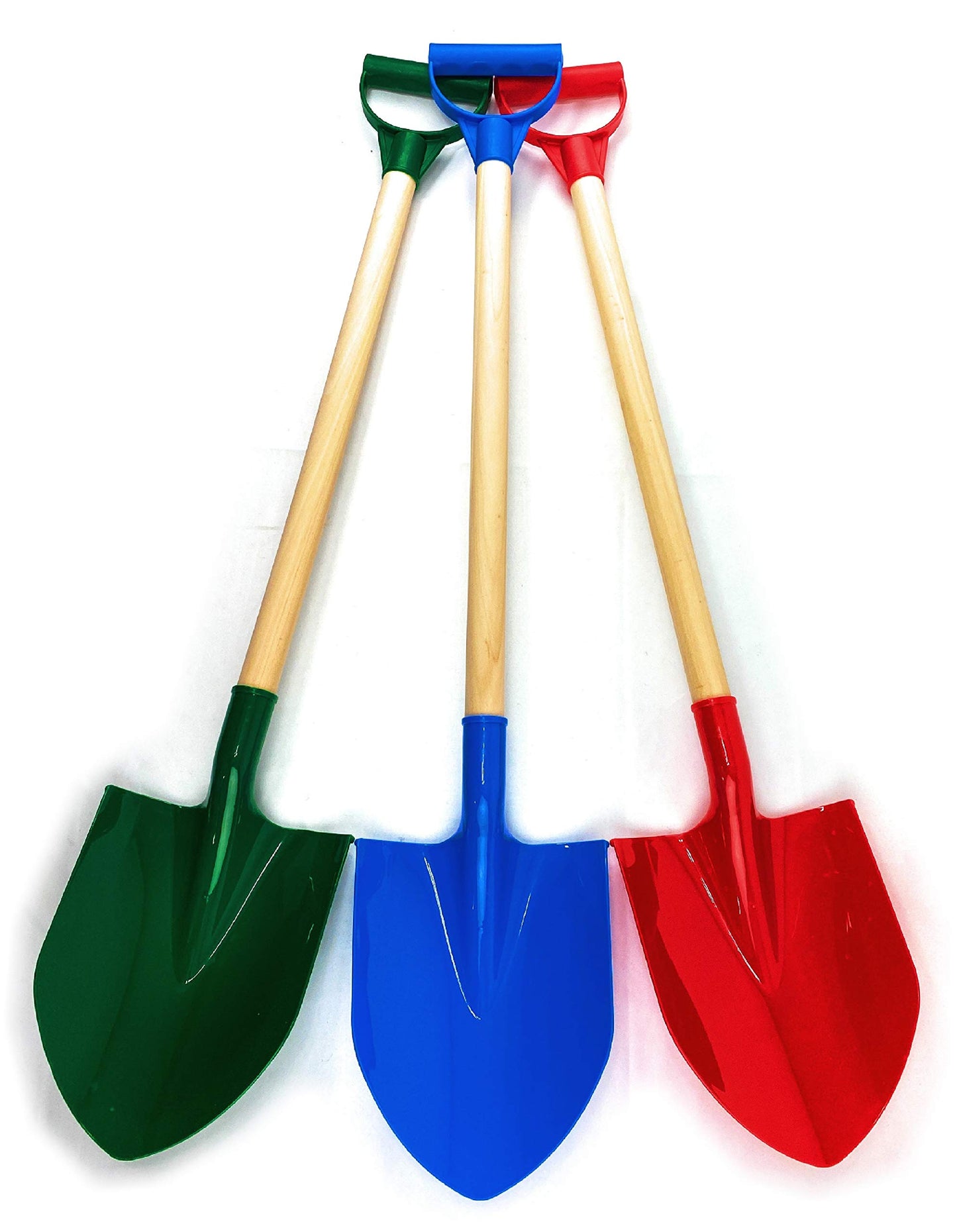 Kinder King 31" Heavy Duty Wooden Kids Sand Shovels with Plastic Spade & Handle (Red, Blue & Green) Complete Gift Set Bundle - 3 Pack