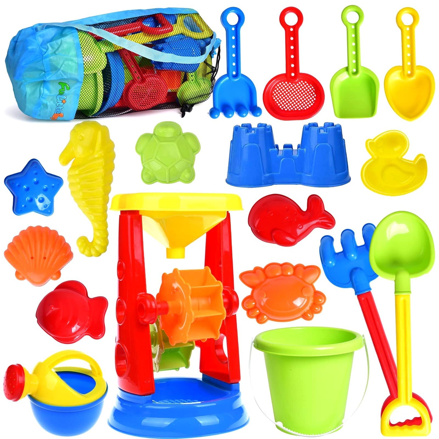 Kinder King Beach Toys, 19 Piece Sand Toys Set Kids Sandbox Toys Includes Water Wheel Beach Tool Kit Bucket Watering Can Molds with Mesh Bag for Kids Ages 3-13