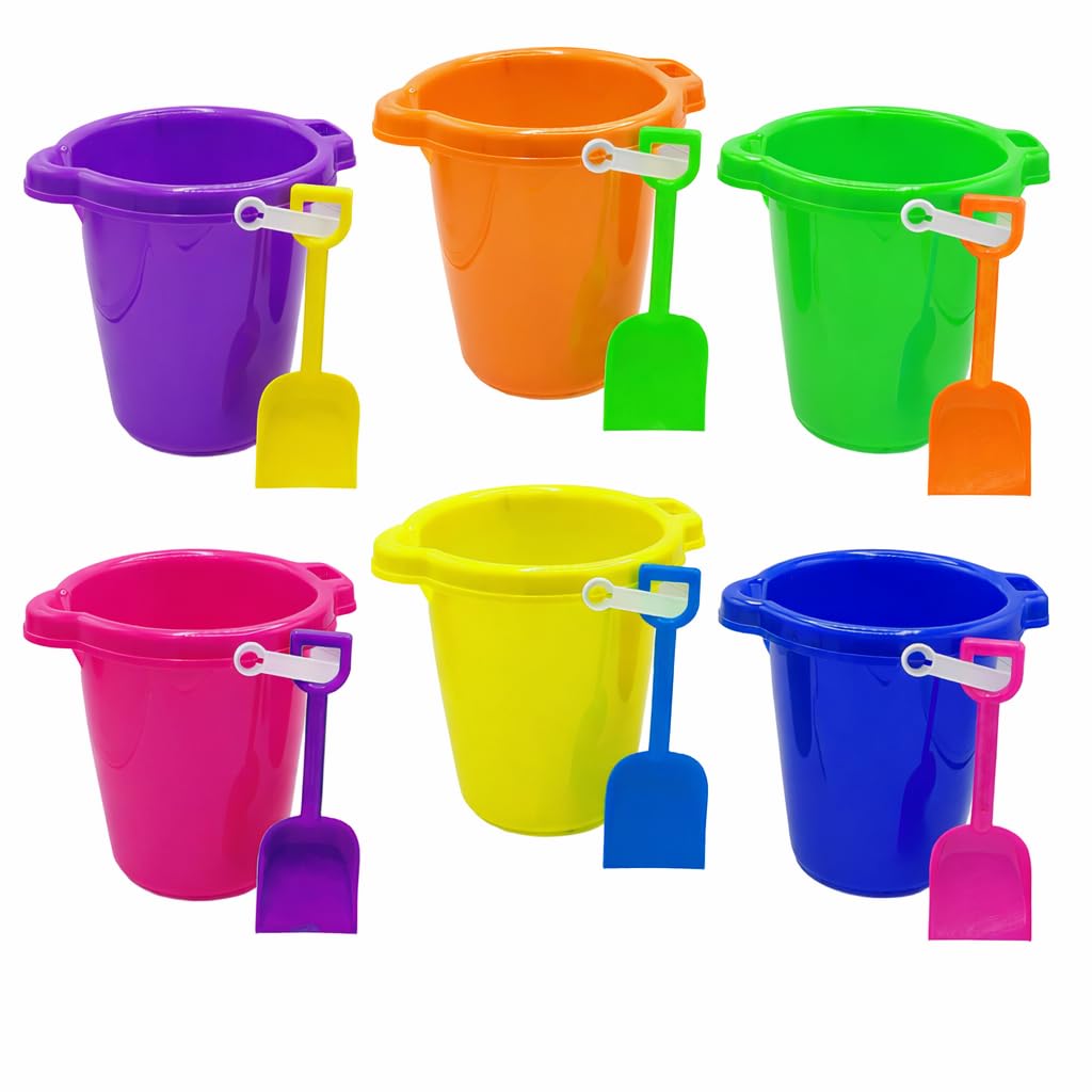 Kinder King 6 Pack 7.5" Beach Buckets and Shovels for Kids Bulk - Strong Large Sand Bucket for Toddler Beach Toys for Kids 3-10, Sandbox Toys