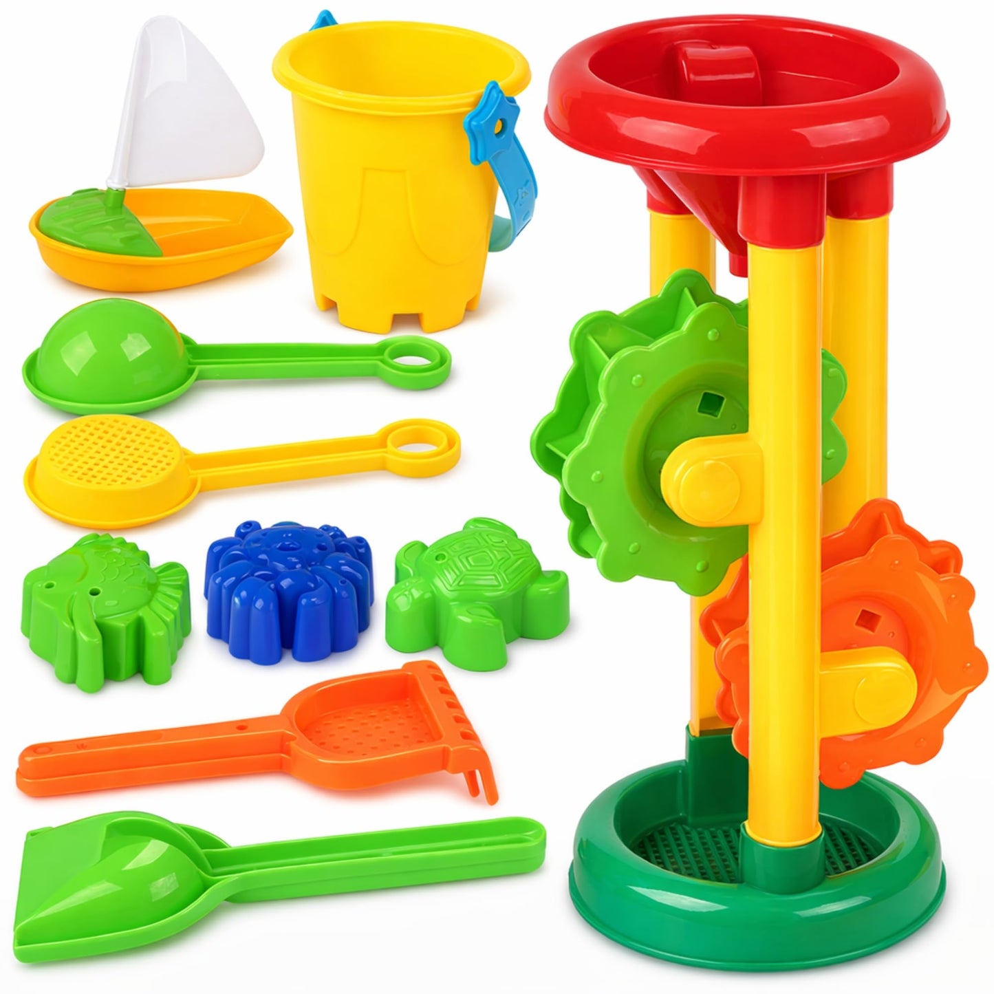 Kinder King Double Sand & Water Wheel Tower Beach Toy Set w/Built-in Funnel, Sieve, Bucket, Shovel, Rake, Animal Molds for Kids, Toddlers Play