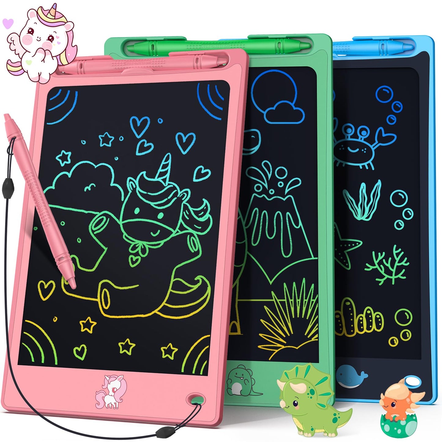 Kinder King LCD Writing Tablet for Kids, 8.8 Inch Drawing Tablet for Boys Girls 3 4 5 6 7 8 Year, 3pcs in 1 Pack Drawing Pad Birthday Christmas Gift for Kid Educational Doodle Board Cute Unicorn Toy